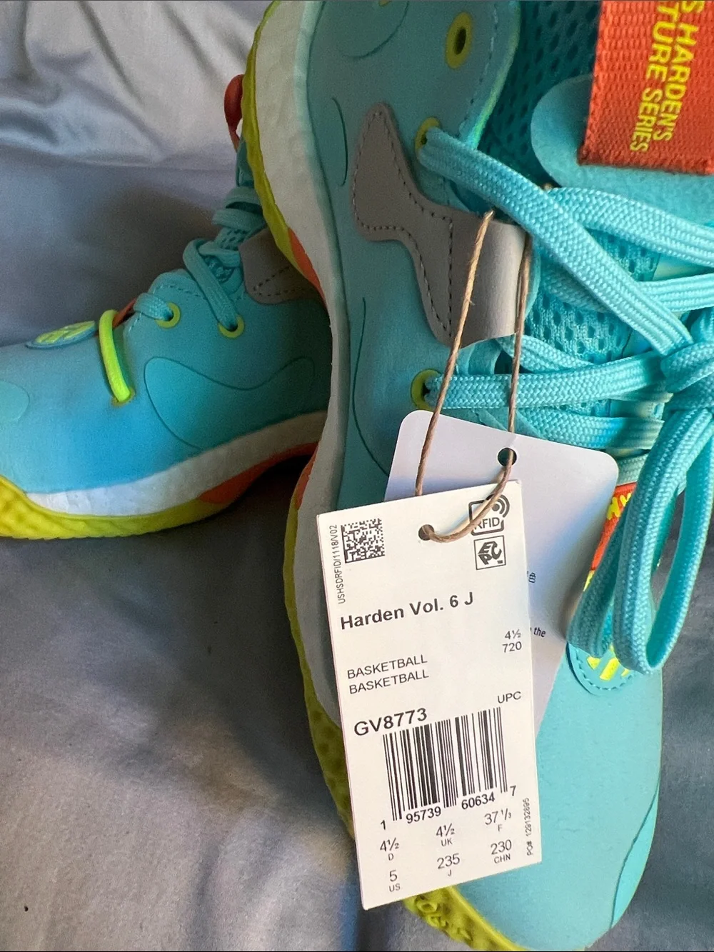 adidas Kids Aqua Sneakers with Neon Yellow and Orange Accents